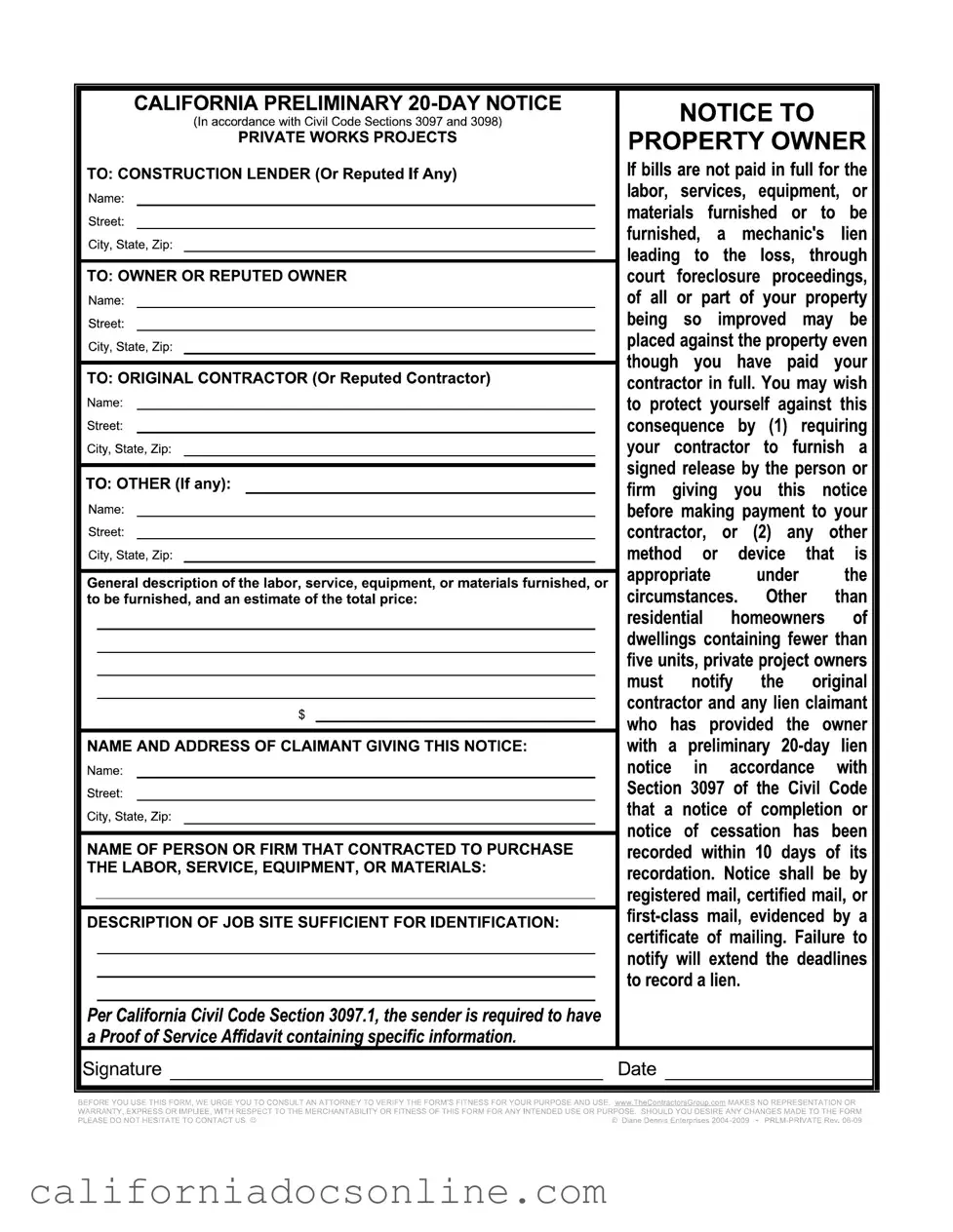 Fill Your 20 Day Notice California Form
