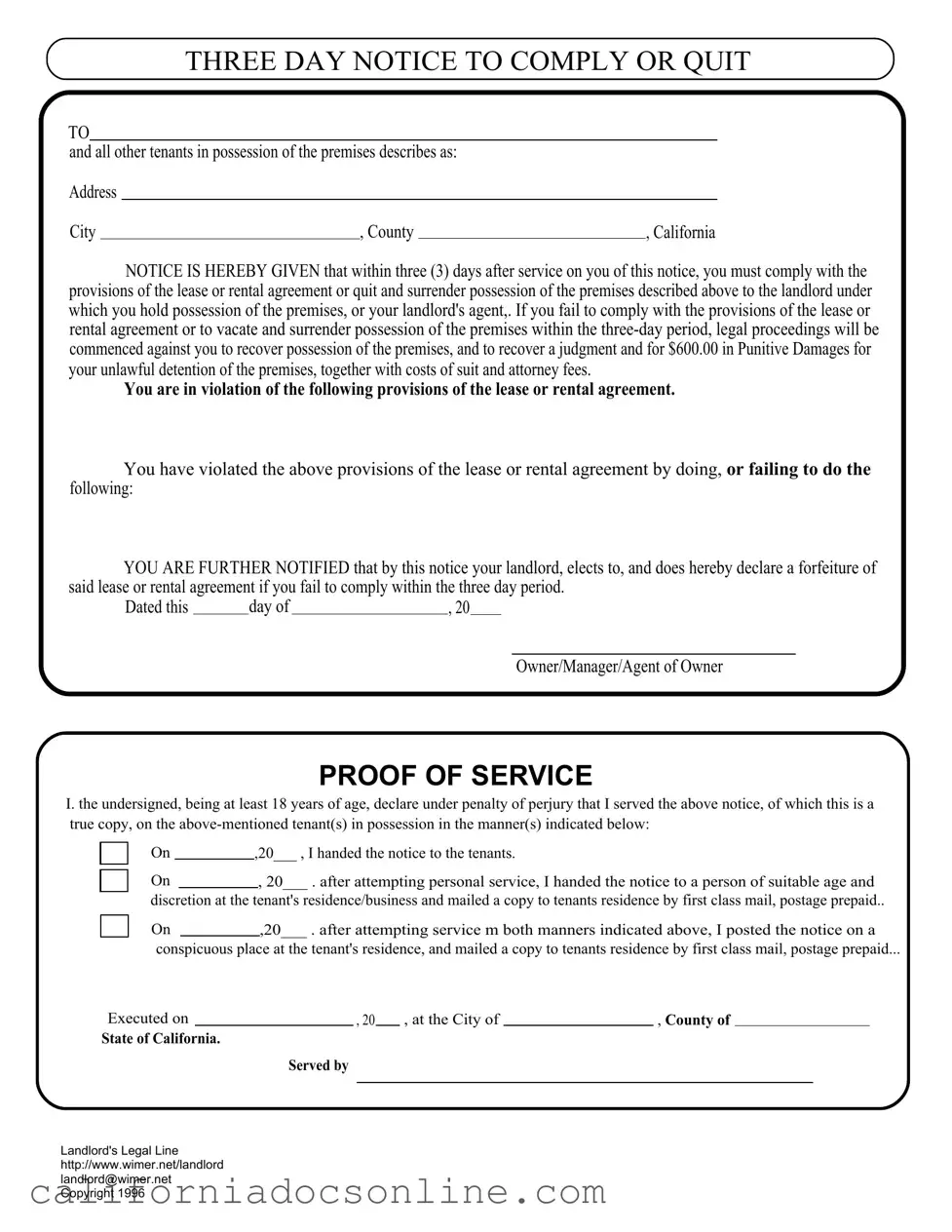 Fill Your 3 Day Quit Notice California Form