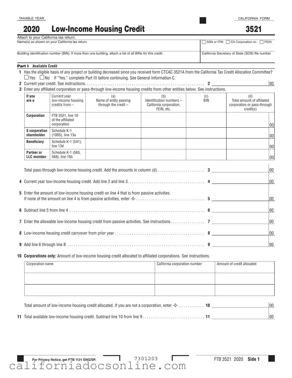 Fill Your California 3521 Form