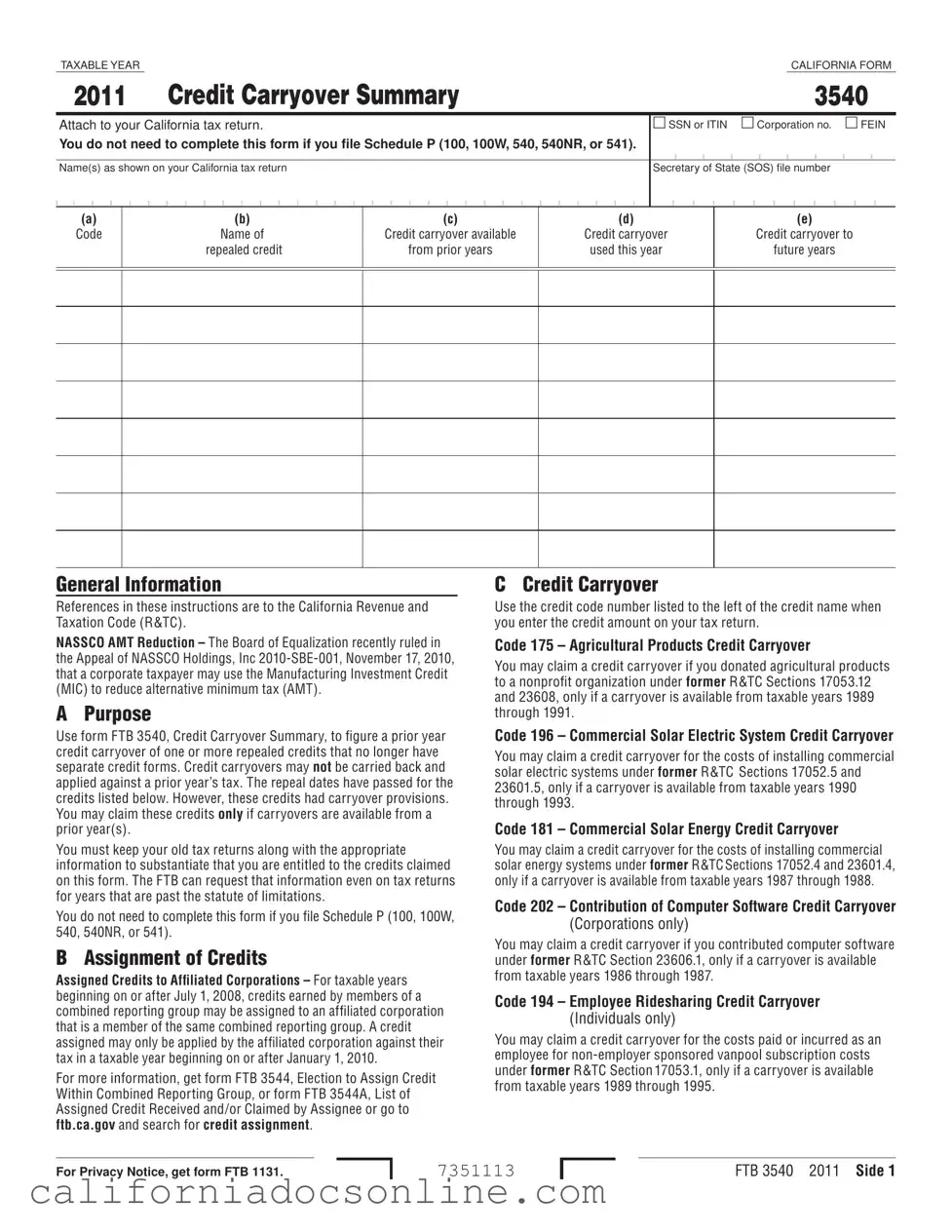 Fill Your California 3540 Form