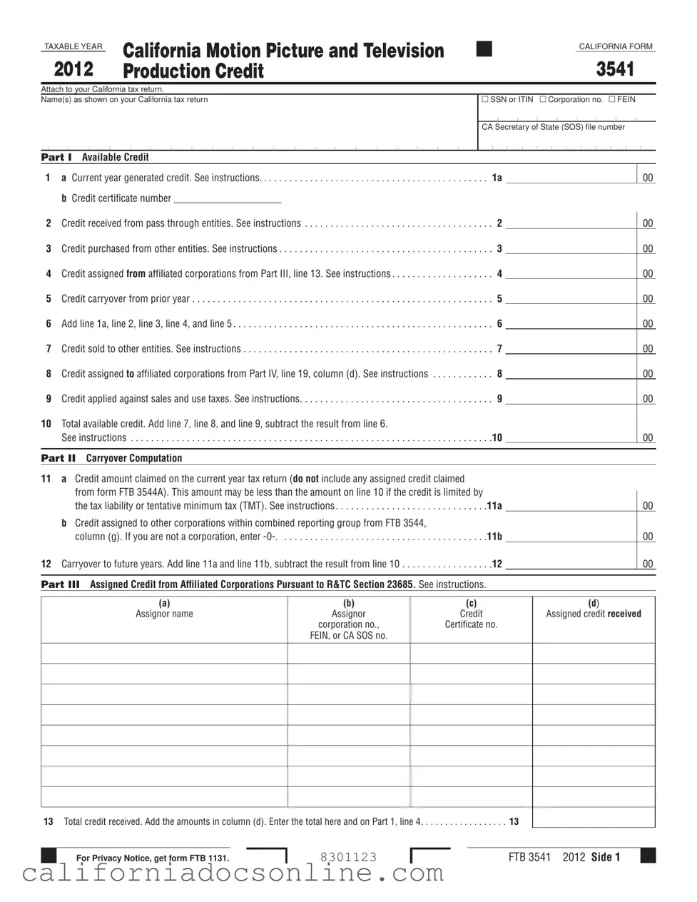 Fill Your California 3541 Form