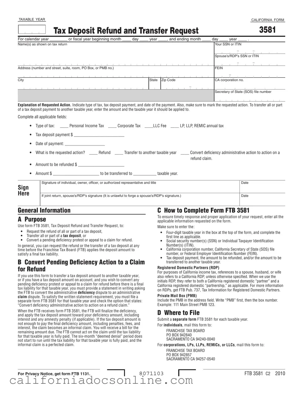 Fill Your California 3581 Form