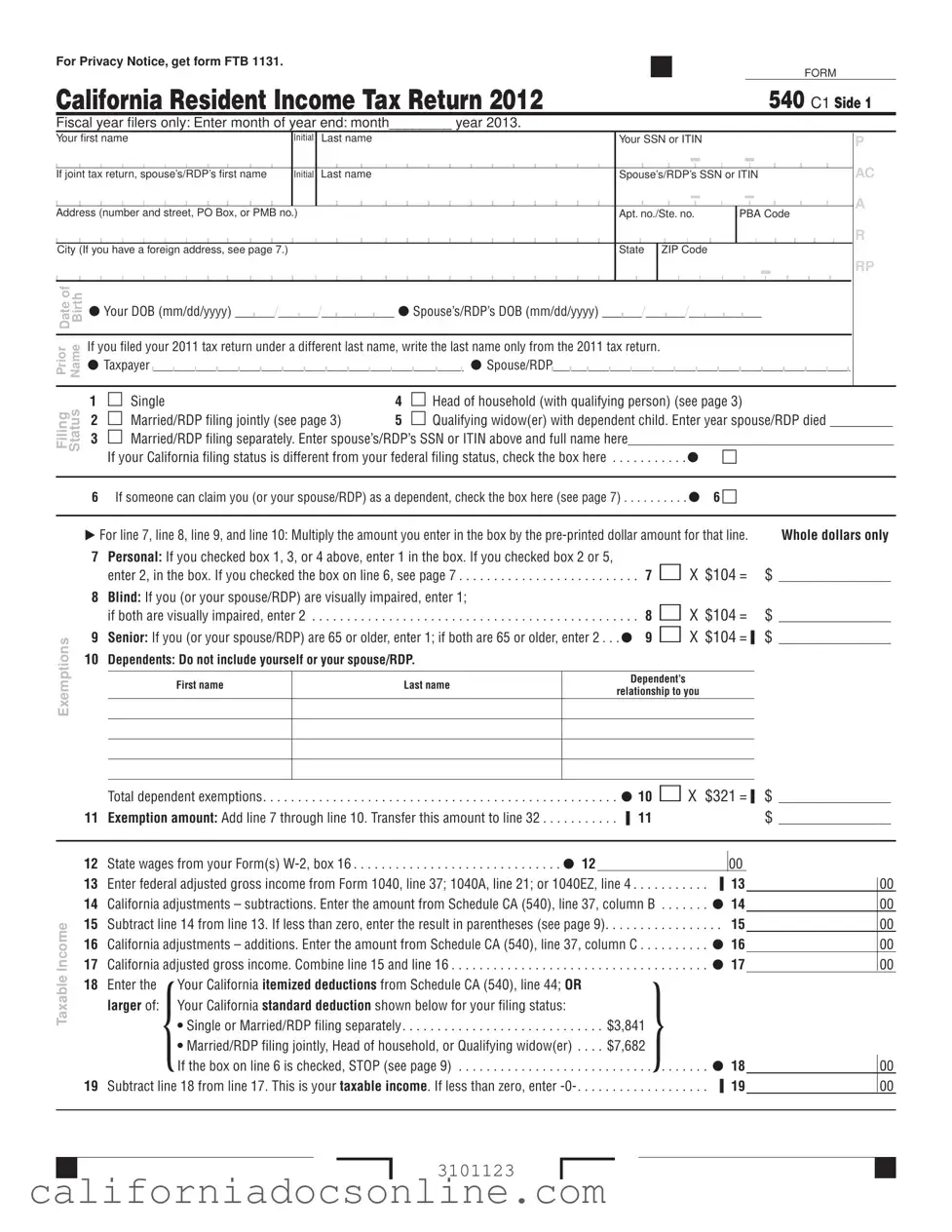 Fill Your California 540 C1 Form