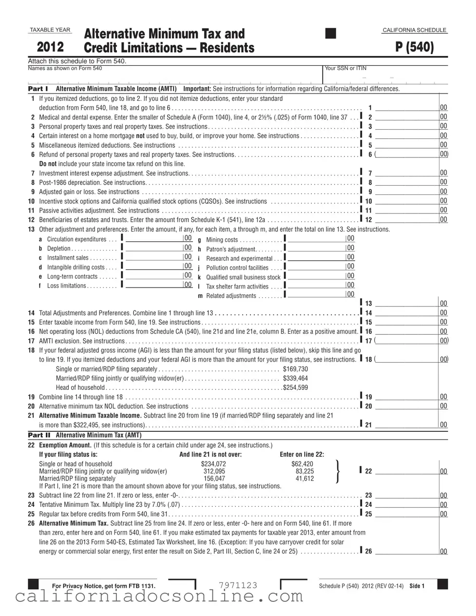 Fill Your California 540 Schedule P Form