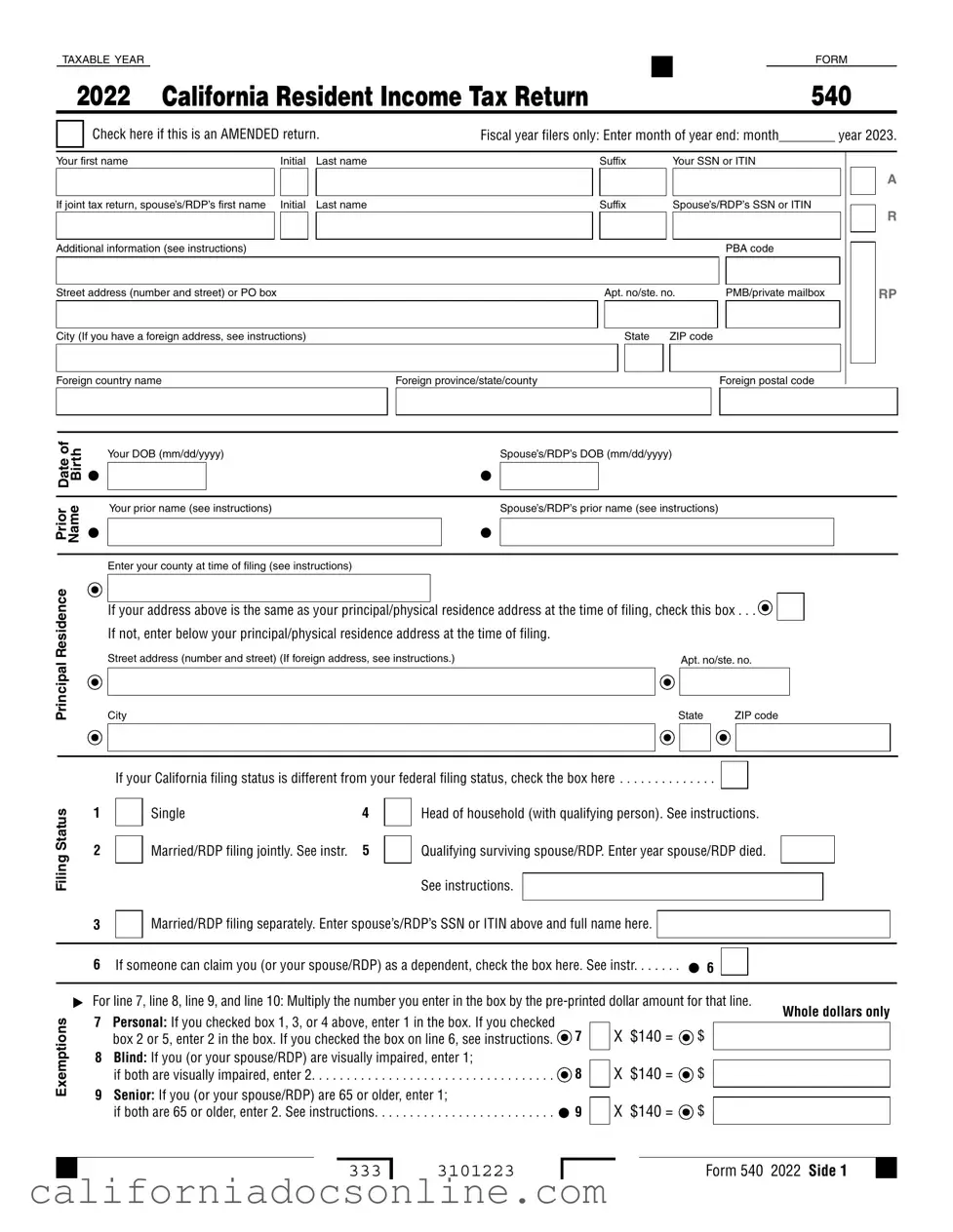 Fill Your California 540 V Form