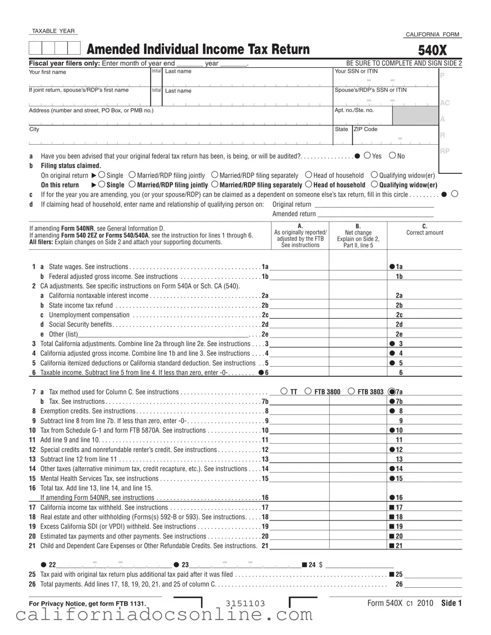 Fill Your California 540X Form
