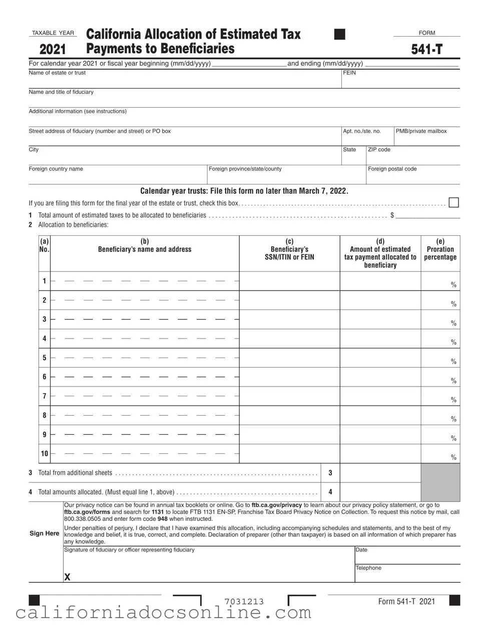 Fill Your California 541 T Form