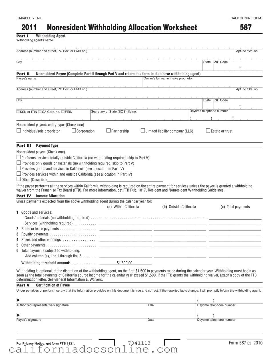 Fill Your California 587 Form