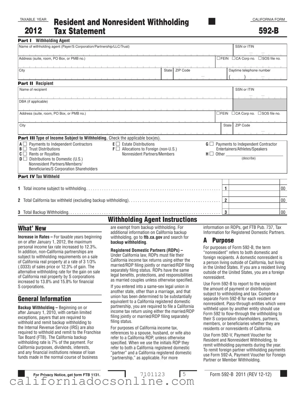 Fill Your California 592 B Form