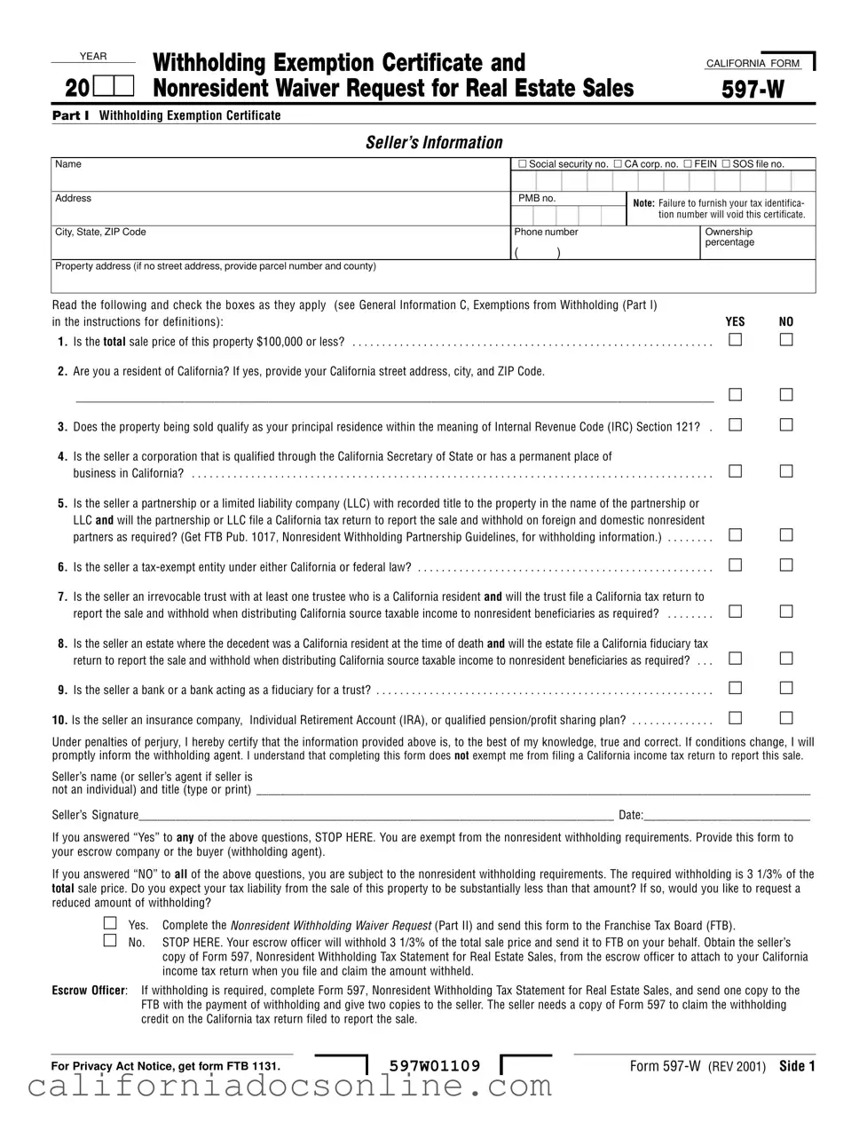 Fill Your California 597 W Form