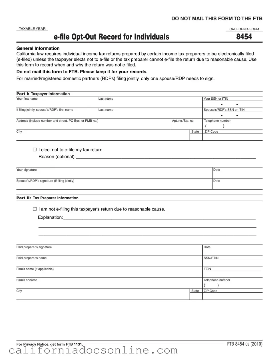 Fill Your California 8454 Form