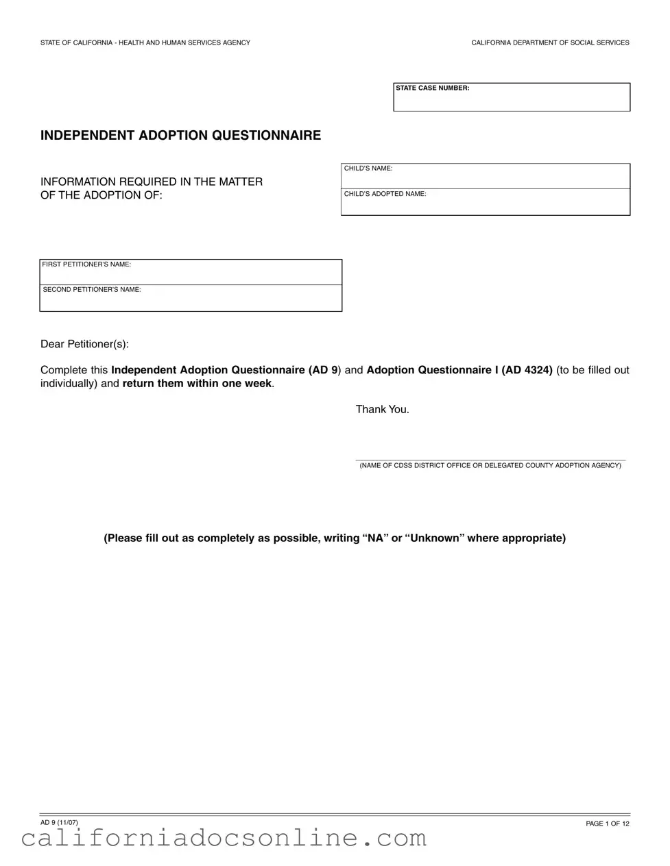 Fill Your California Ad 9 Form