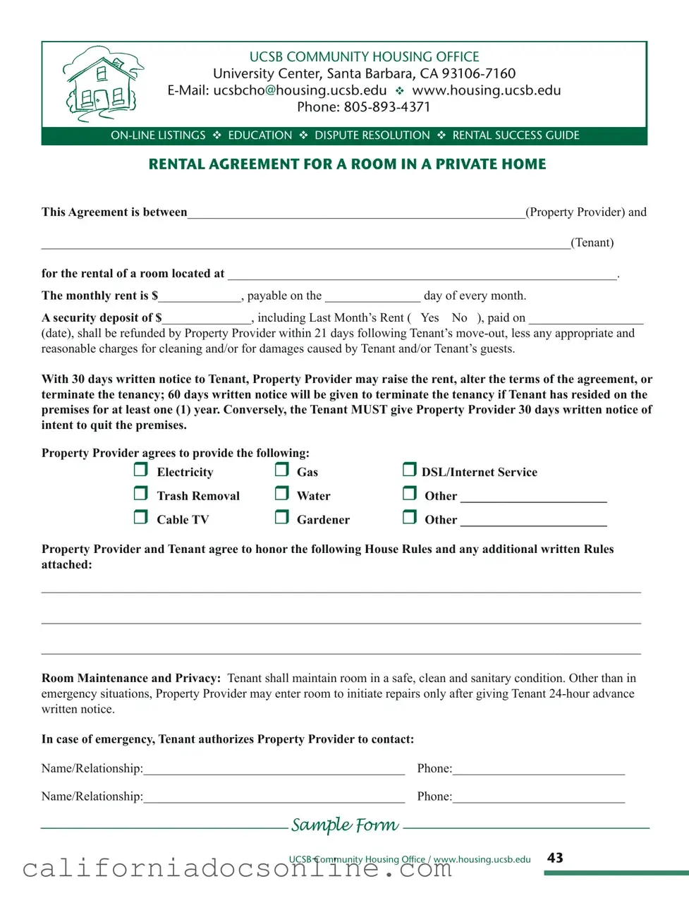 Fill Your California Agreement Room Form