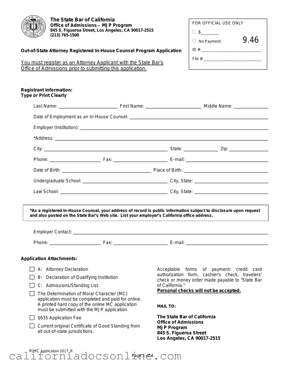 Fill Your California Application Registered In Counsel Form