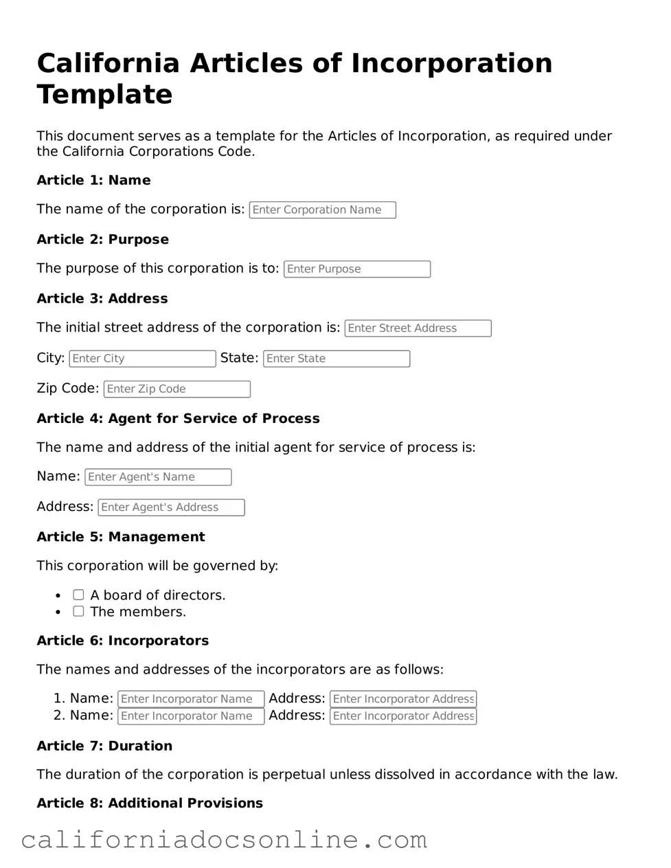 Official California Articles of Incorporation Document