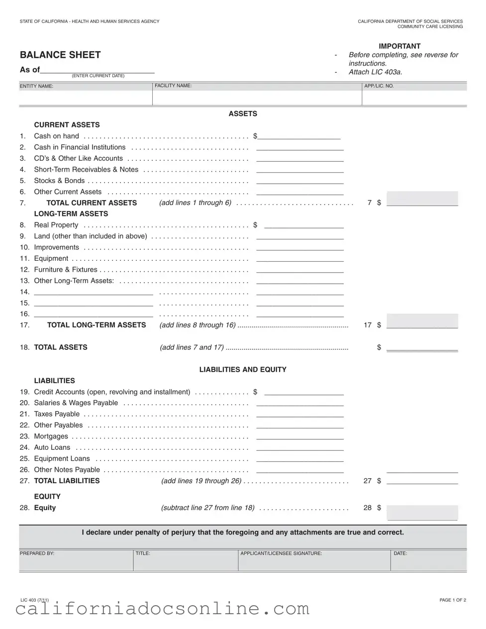 Fill Your California Balance Sheet Form