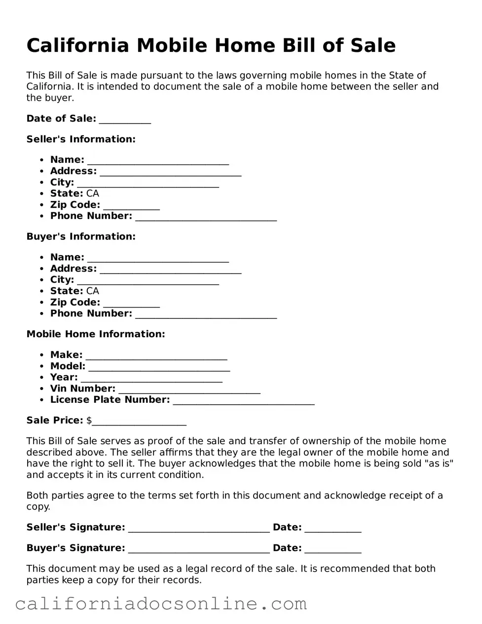 Official California Mobile Home Bill of Sale Document