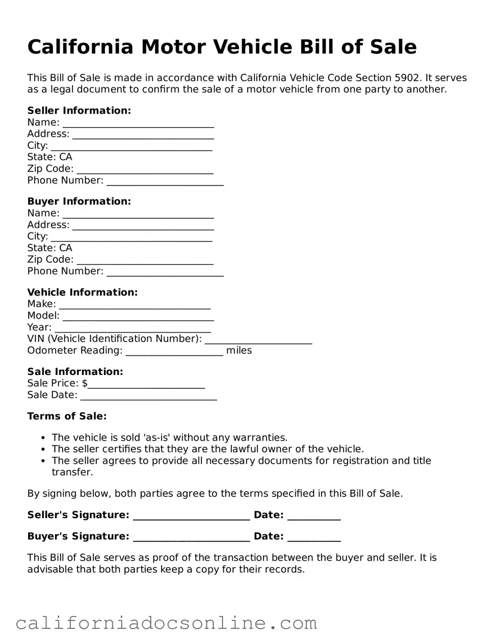 Official California Motor Vehicle Bill of Sale Document