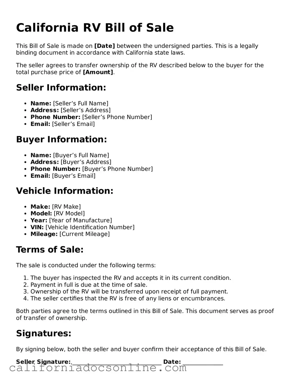 Official California RV Bill of Sale Document