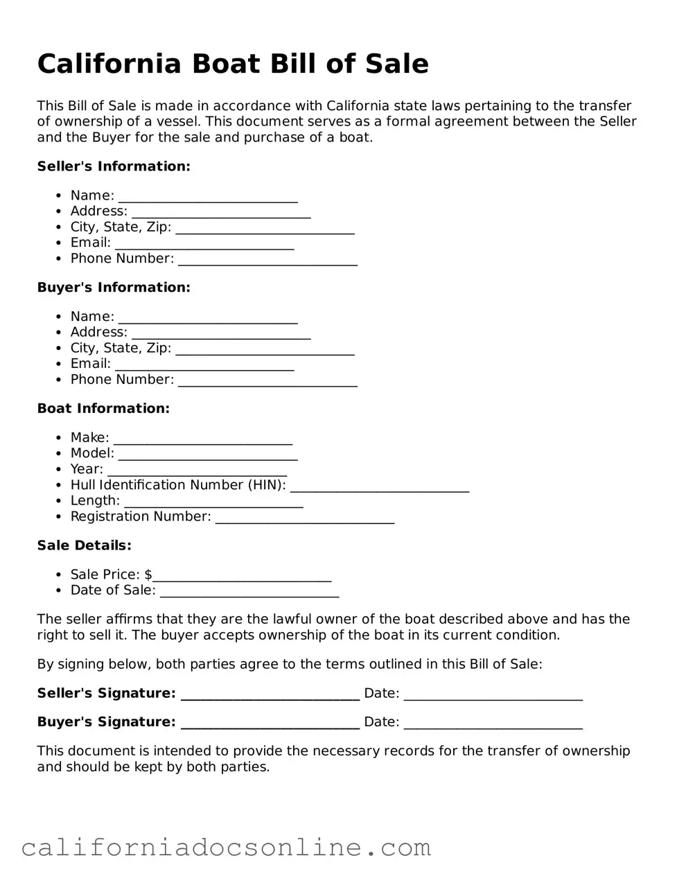 Official California Boat Bill of Sale Document