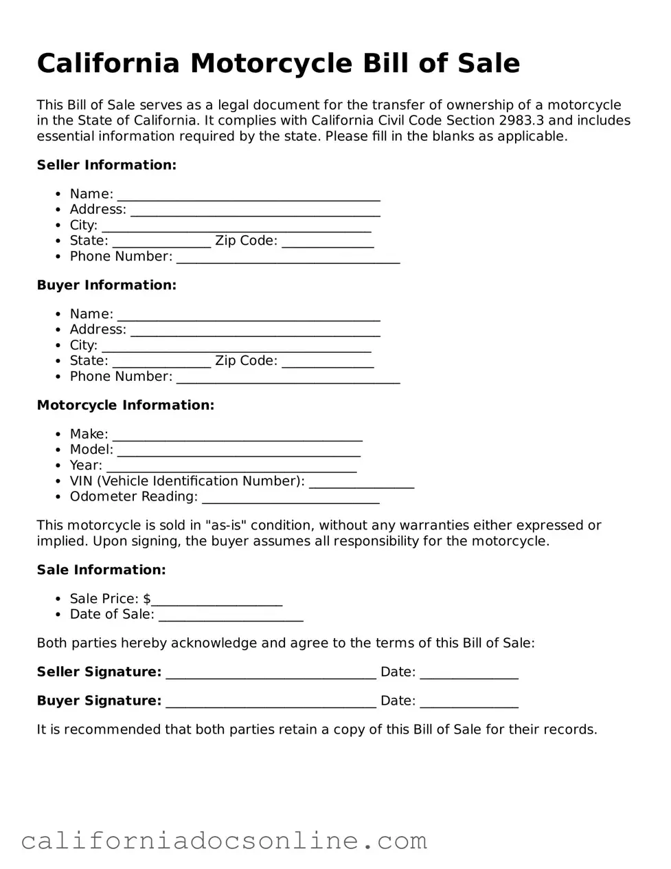Official California Motorcycle Bill of Sale Document