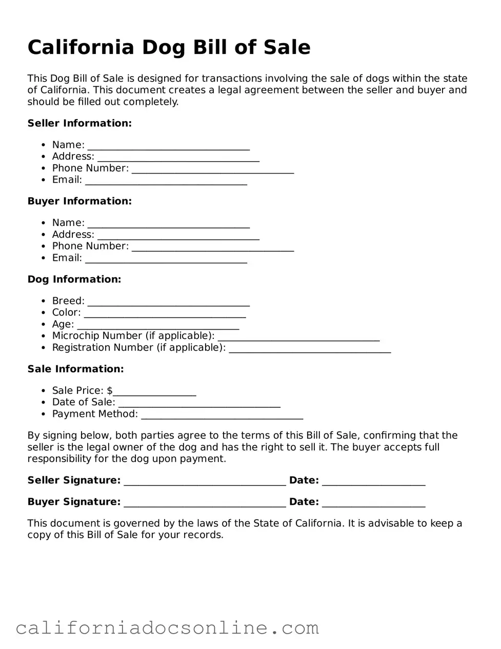Official California Dog Bill of Sale Document