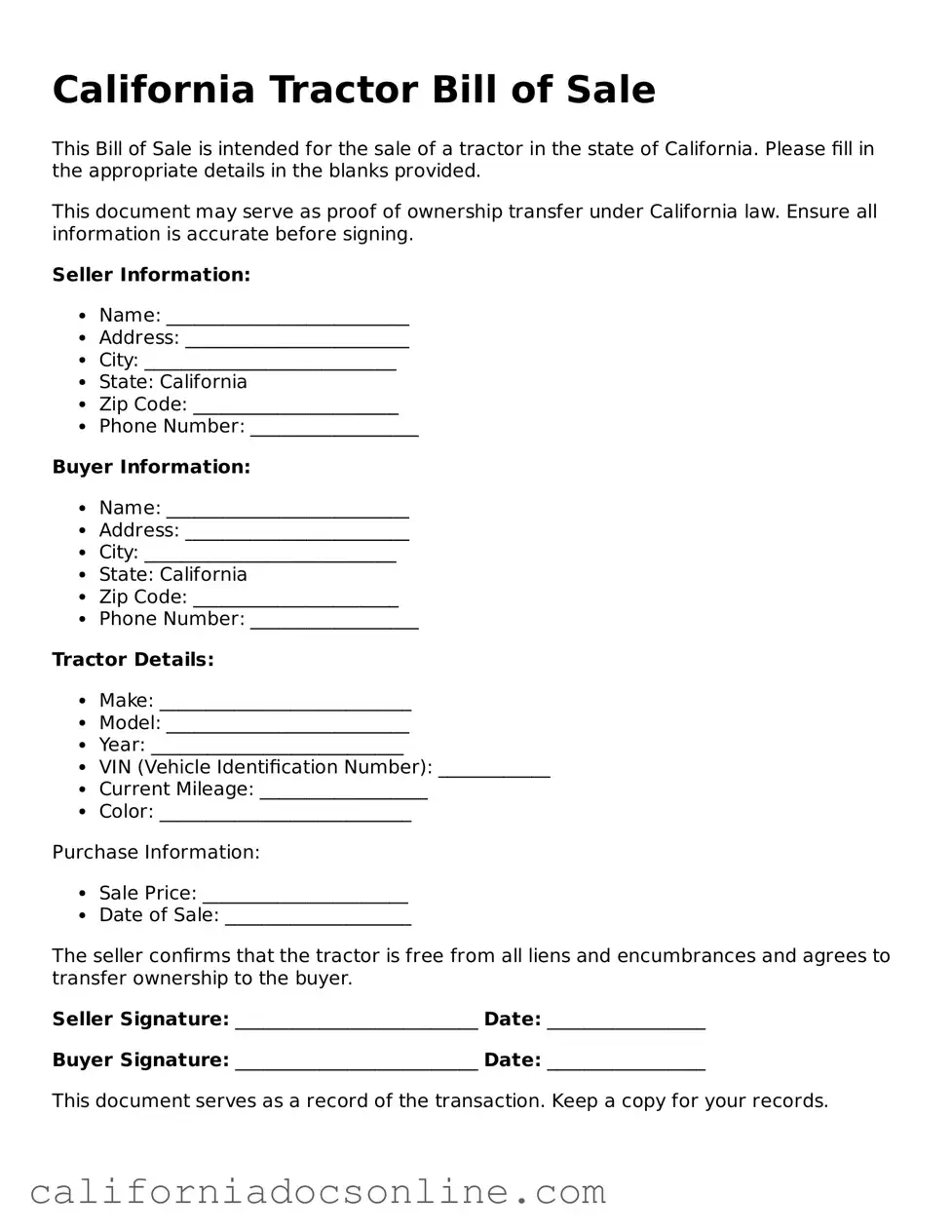 Official California Tractor Bill of Sale Document