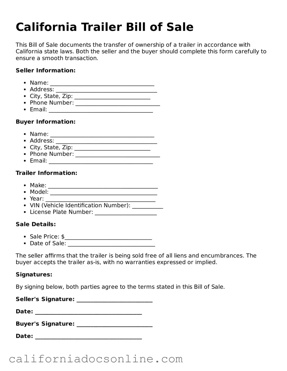 Official California Trailer Bill of Sale Document