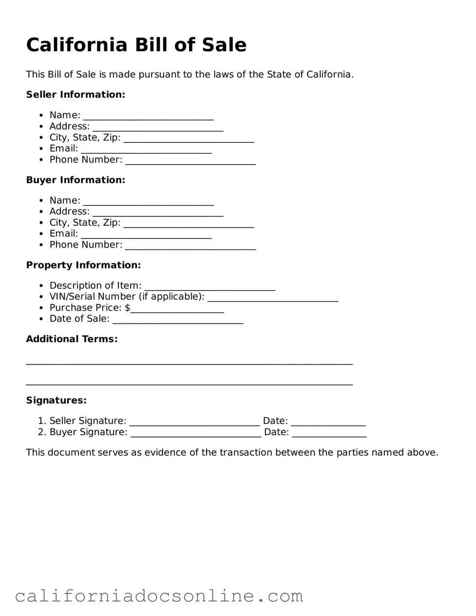 Official California Bill of Sale Document
