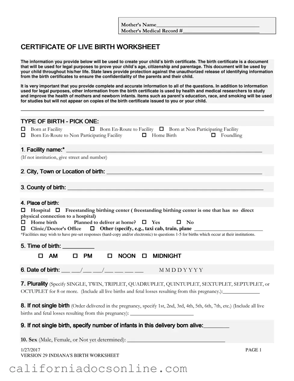 Fill Your California Birth Certificate Editable Free Form