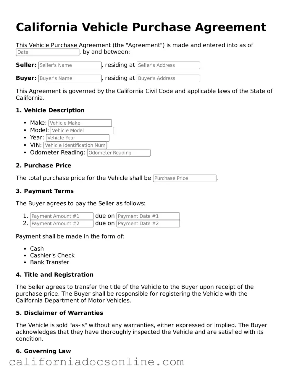 Official California Vehicle Purchase Agreement Document