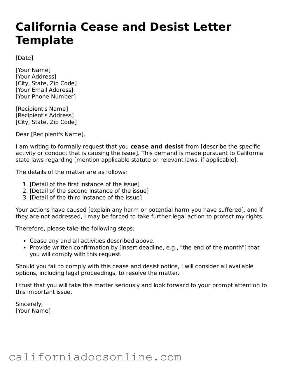 Official California Cease and Desist Letter Document