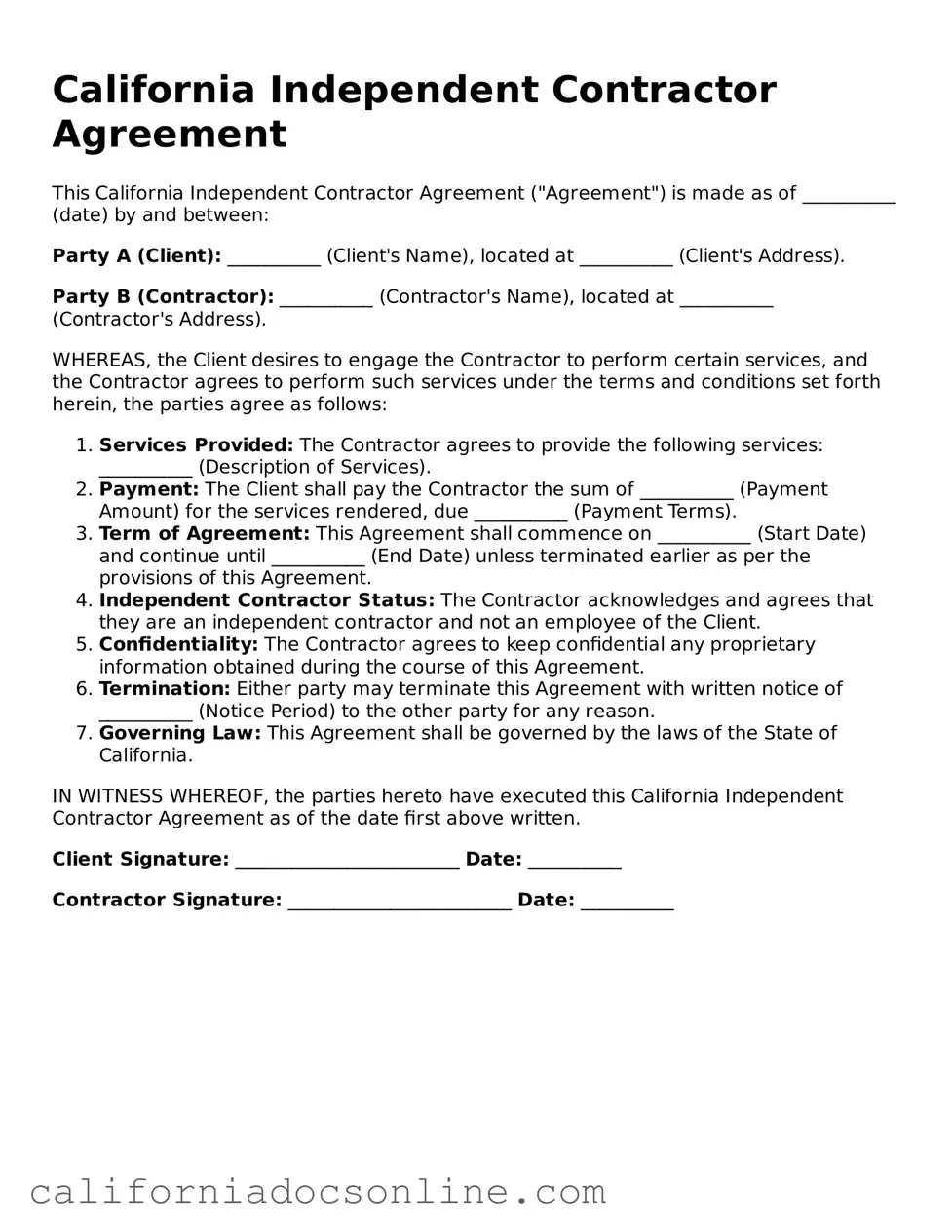 Official California Independent Contractor Agreement Document