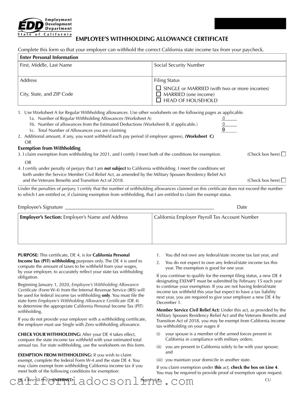 Fill Your California De 4 Form
