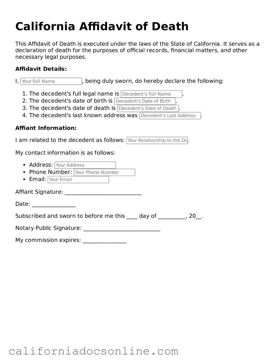 Official California Affidavit of Death Document