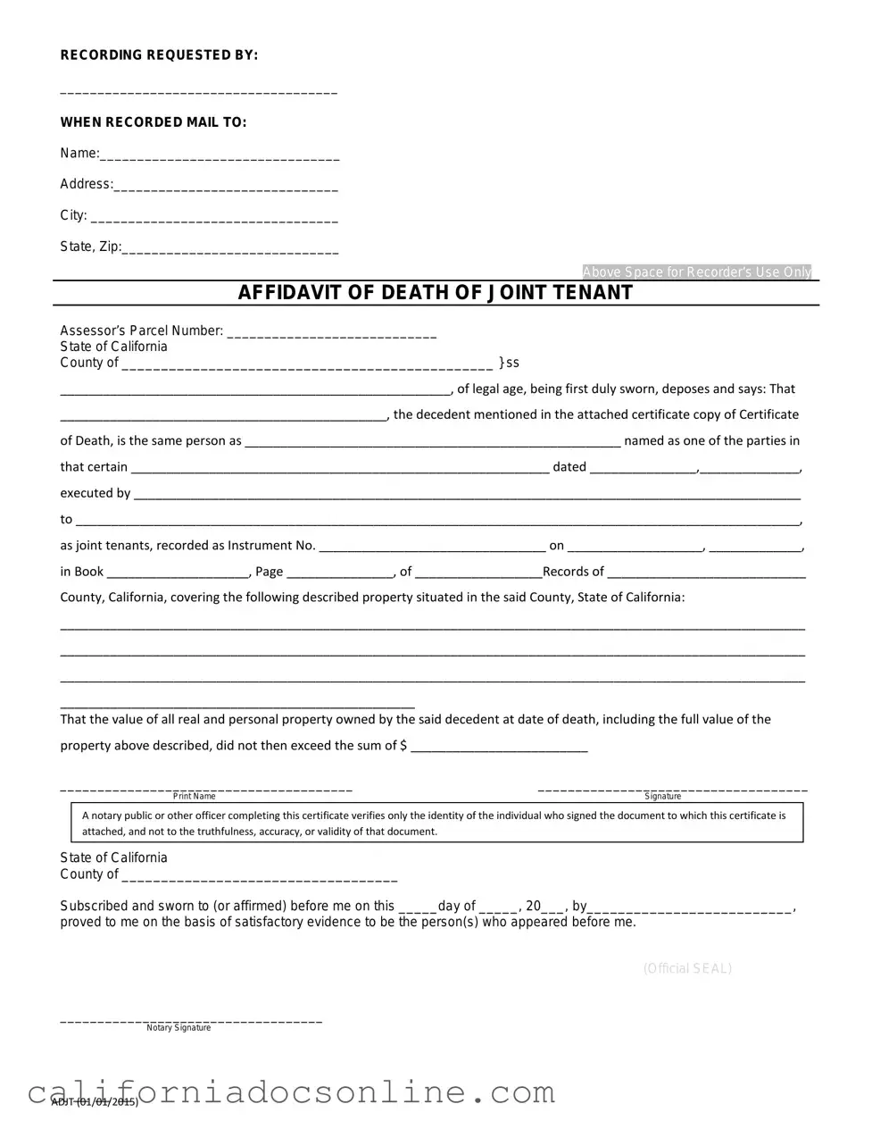 Fill Your California Death of a Joint Tenant Affidavit Form