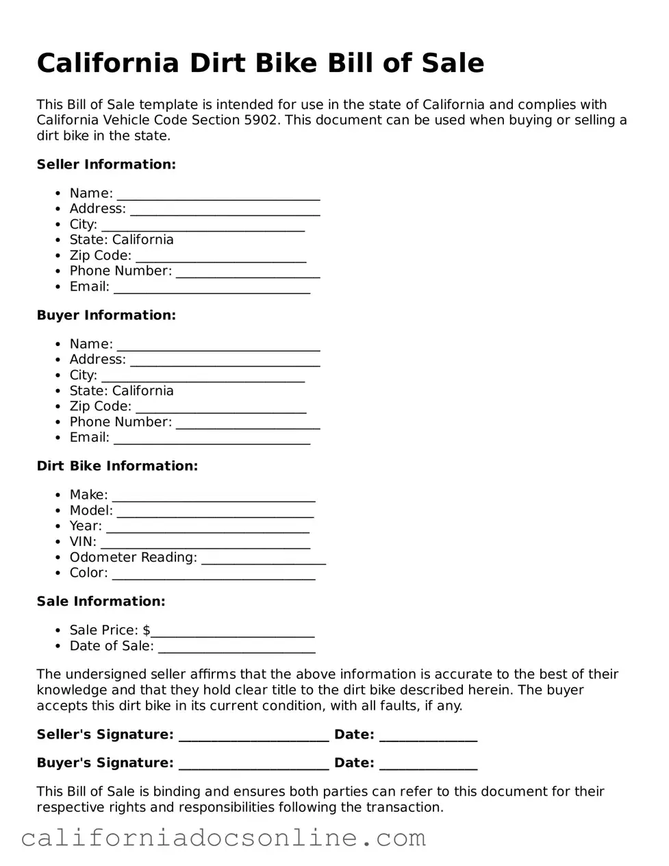 Official California Dirt Bike Bill of Sale Document