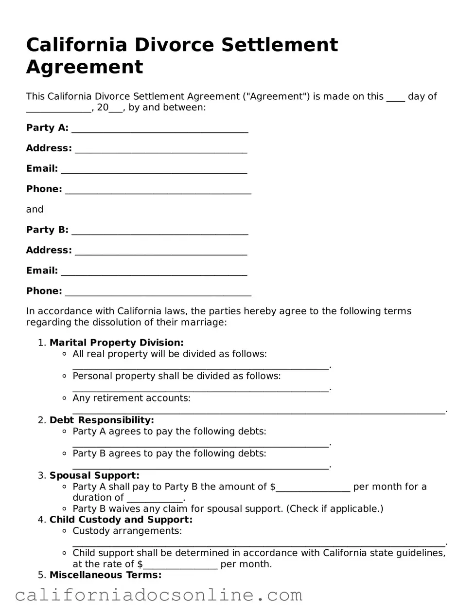 Official California Divorce Settlement Agreement Document