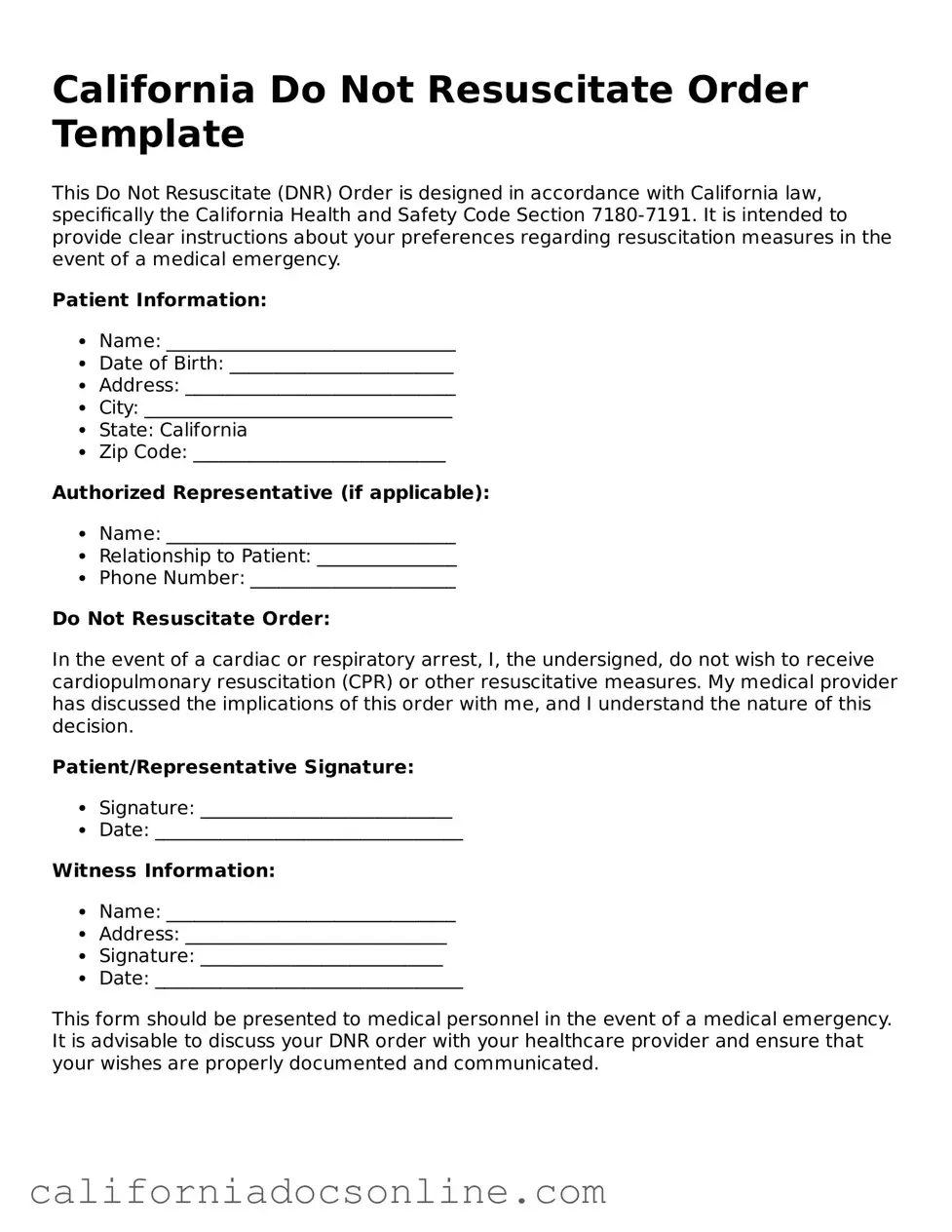 Official California Do Not Resuscitate Order Document