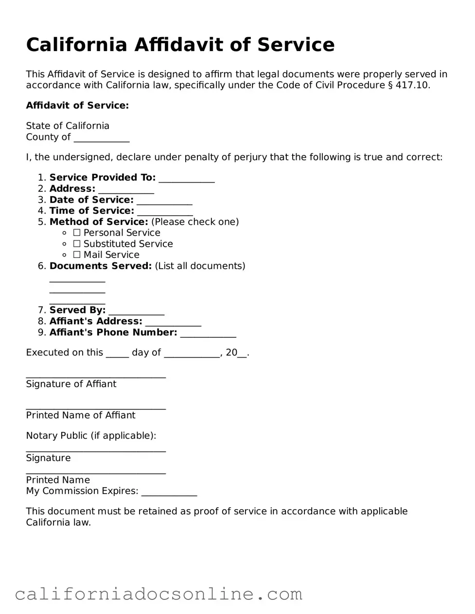 Official California Affidavit of Service Document