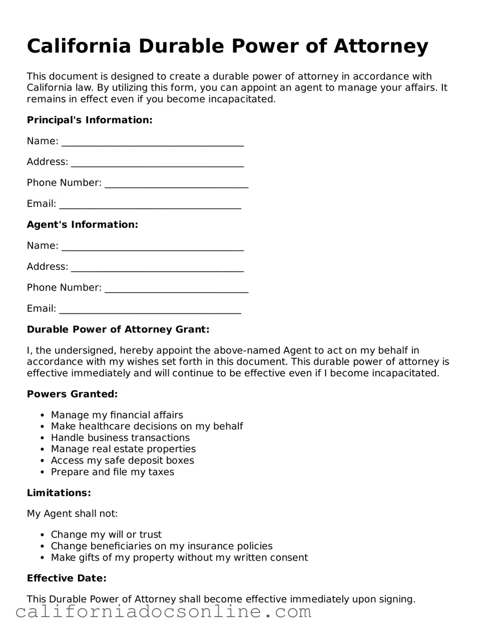 Official California Durable Power of Attorney Document