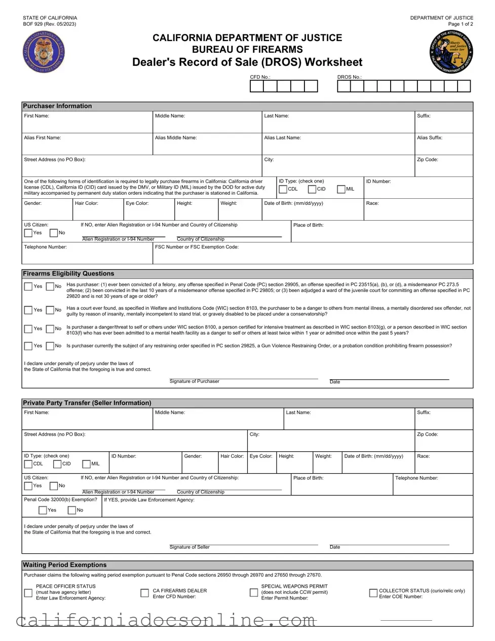 Fill Your California Dros Form