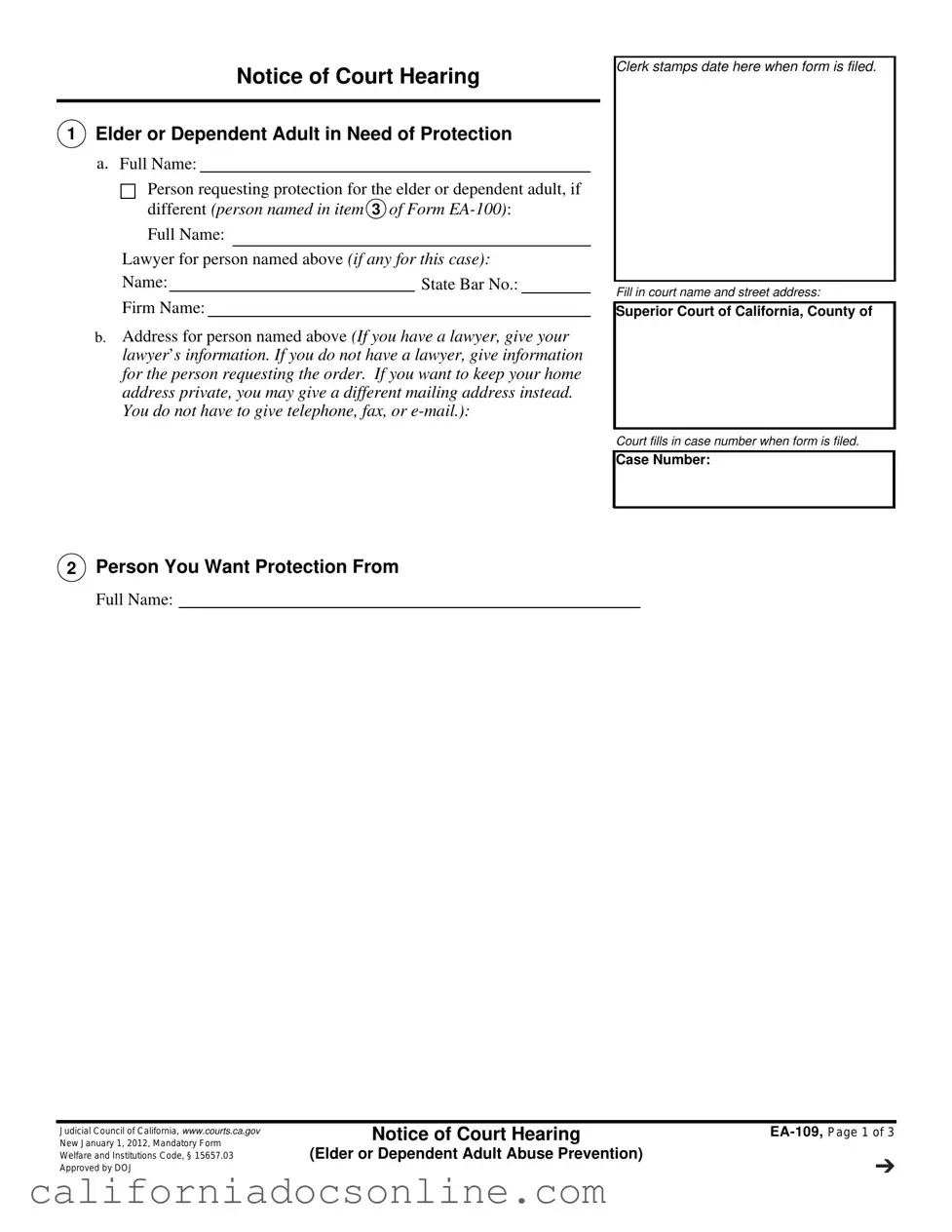Fill Your California Ea 109 Form