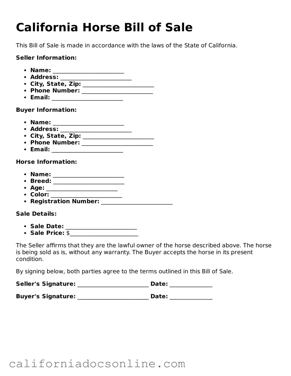 Official California Horse Bill of Sale Document