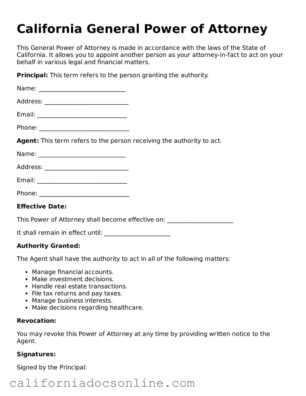 Official California General Power of Attorney Document