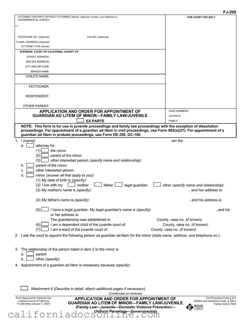 Fill Your California Fj 200 Form