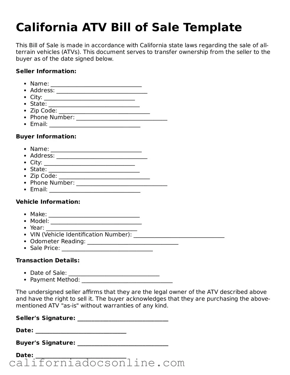 Official California ATV Bill of Sale Document