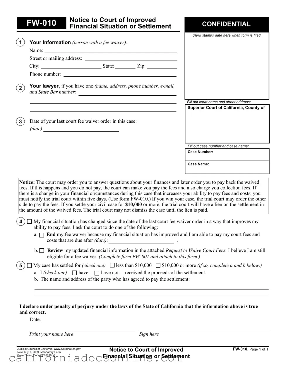 Fill Your California Fw 010 Form