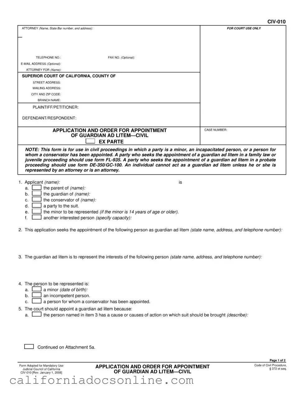 Fill Your California Guardian Litem Form