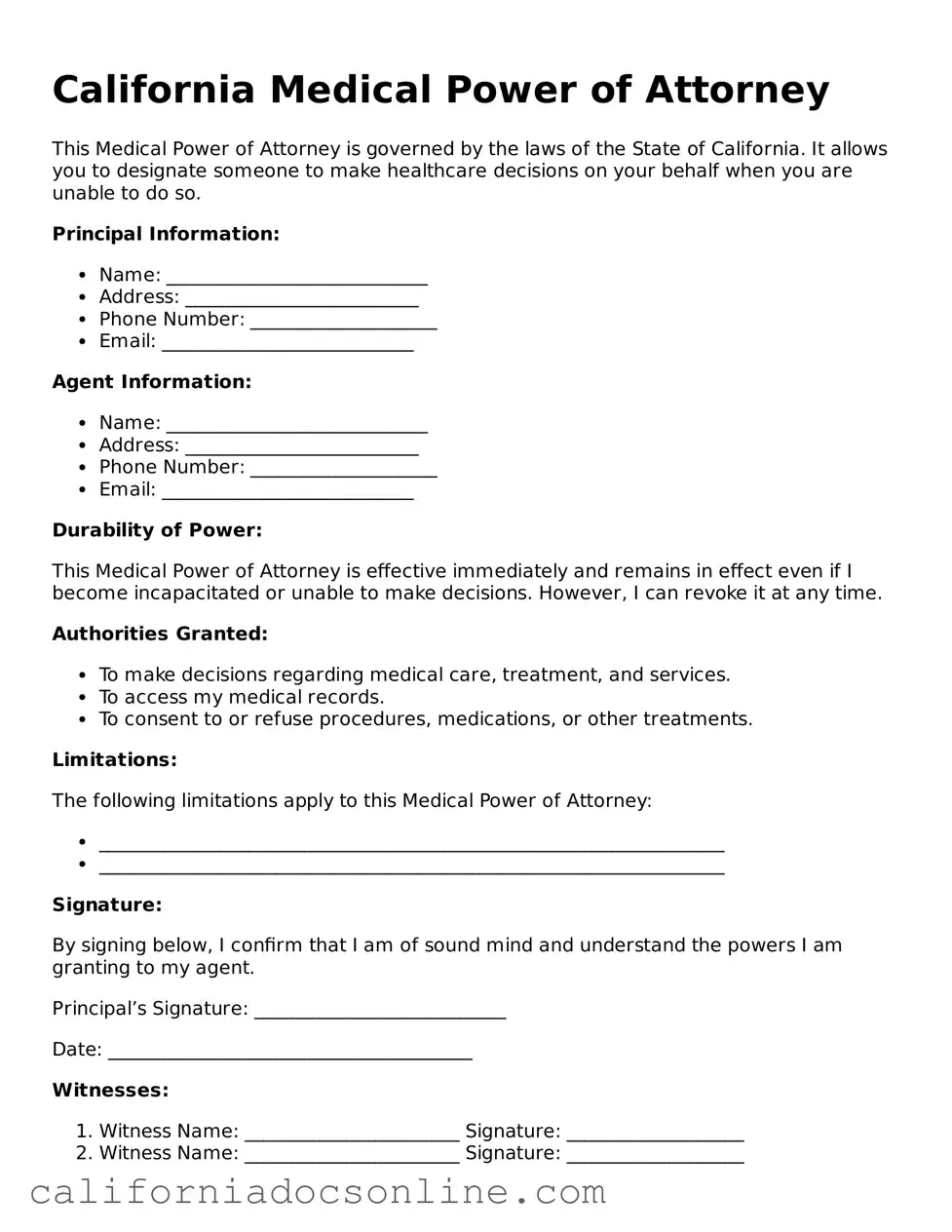 Official California Medical Power of Attorney Document